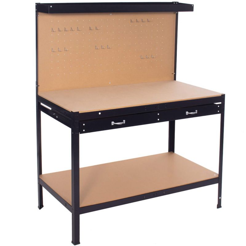 Stół warsztatowy Springos 120x60x155 cm z tablicą na narzedzia i szufladami, do garażu czarno-brązowy 1 szt.