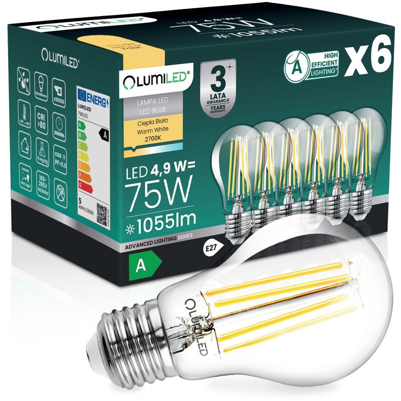 Żarówka LED Lumiled E27 A60 4,9W 1055lm 2700K 360st Filament Klasa A 6 szt.