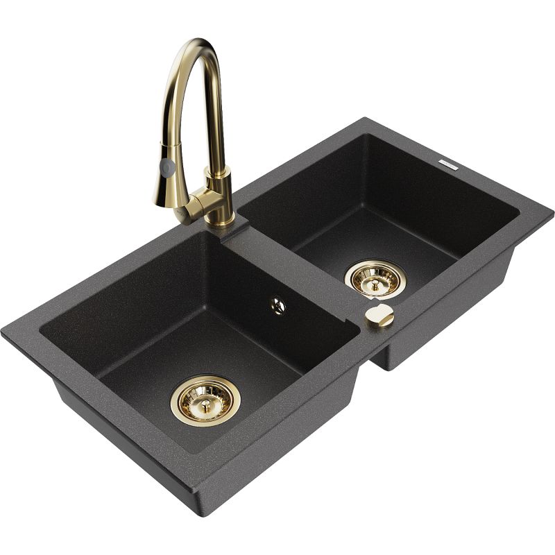 Zlewozmywak granitowy 2-komorowy Mexen Mario z baterią kuchenną Elia czarny nakrapiany 6504-76-670101-50