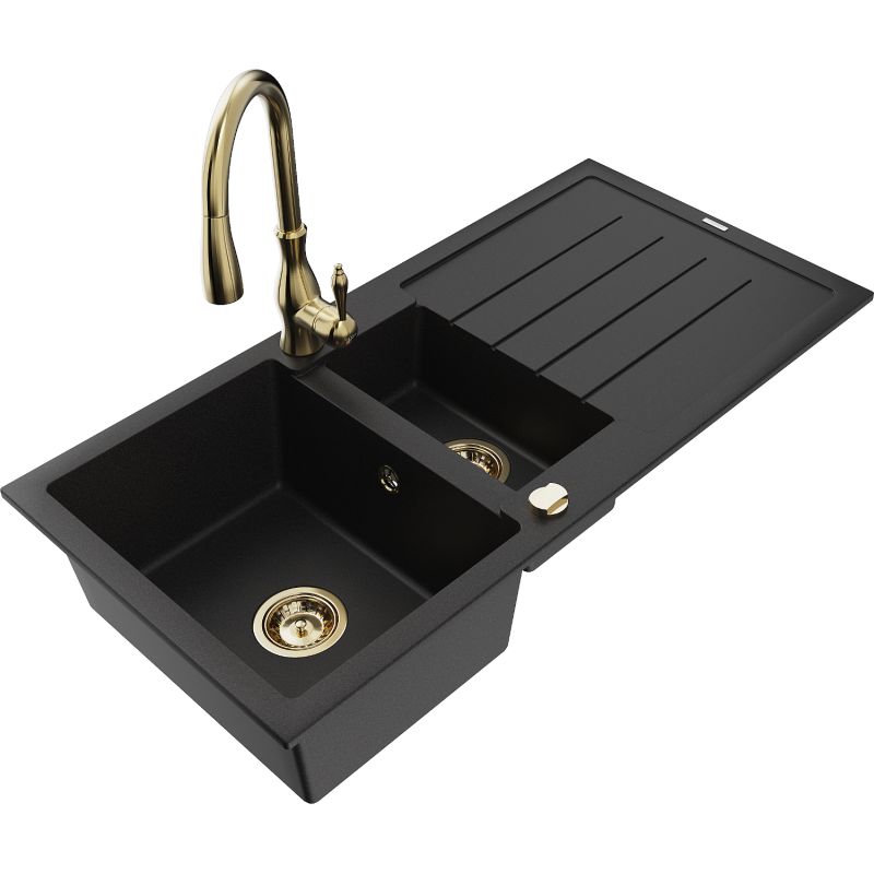 Zlewozmywak granitowy 1.5-komorowy Mexen Andres z ociekaczem i baterią kuchenną Savita czarny - 6515-77-672601-50-B 1 szt.