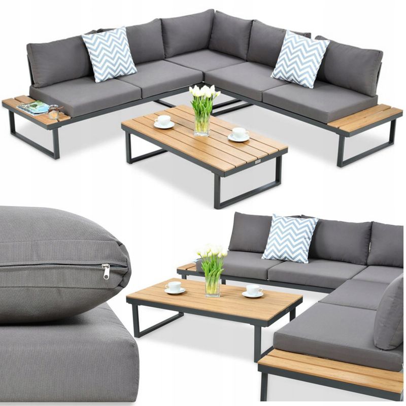 Narożnik Ogrodowy Wypoczynkowy EMERSON Zestaw Mebli Szary Drewniane Wstawki 1 szt