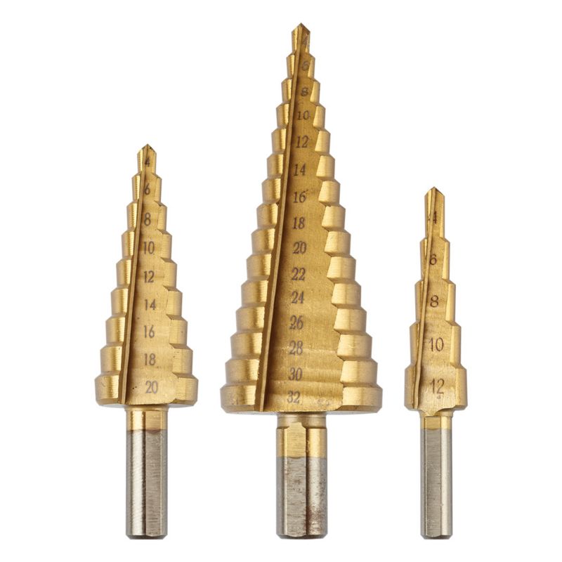 Wiertła stopniowe GRAPHITE 4-12, 4-20, 4-32 mm, TiN, zestaw 3 szt 1 kpl
