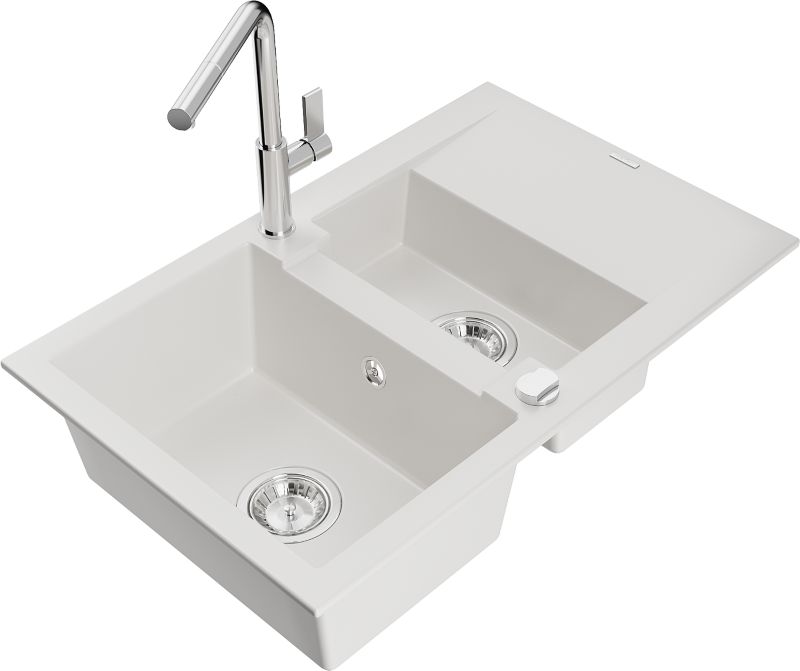Zlewozmywak granitowy Mexen Gaspar 1,5-komorowy z ociekaczem i baterią kuchenną Flora biały 6507-20-670401-00