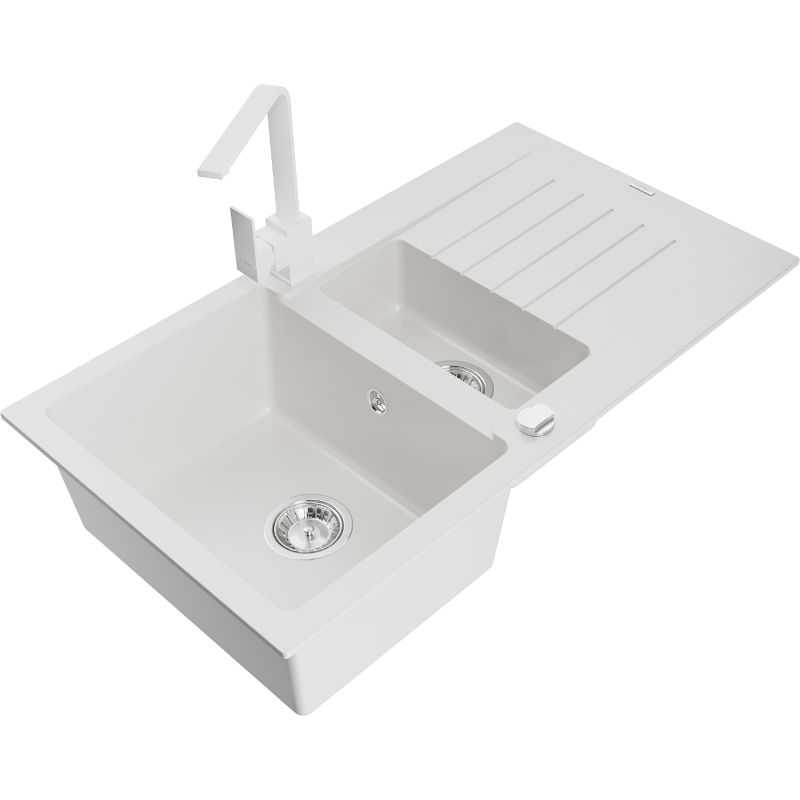 Zlewozmywak granitowy 1.5-komorowy Mexen Matias z ociekaczem i baterią kuchenną Rita biały 6502-20-670300-20