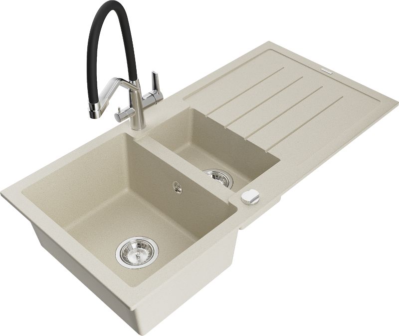 Zlewozmywak granitowy Mexen Andres 1,5-komorowy z ociekaczem i baterią kuchenną Duo beżowy 6515-69-671701-07