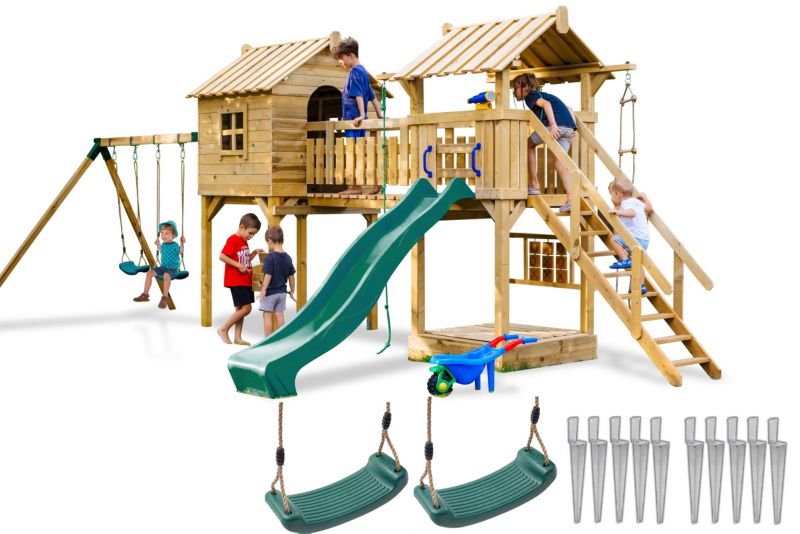 Plac zabaw dla dzieci Meblogród Mała Kraina zielona zjeżdżalnia i huśtawki, domek, wieża, mostek, piaskownica, drabinka, 1kpl