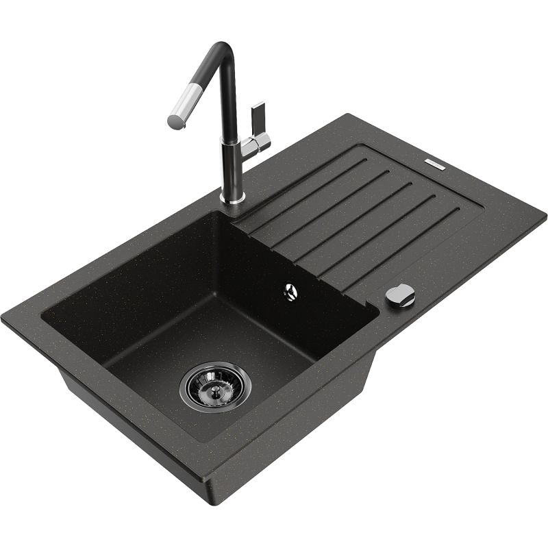 Zlewozmywak granitowy 1-komorowy Mexen Pablo z ociekaczem i baterią kuchenną Flora czarny/złoty metalik 6510-75-670401-07-B