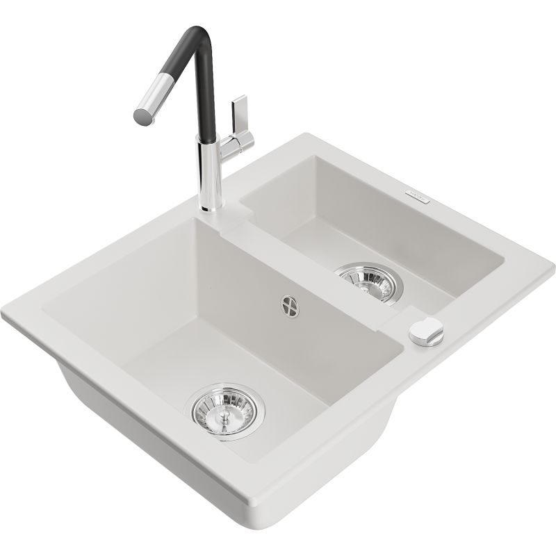 Zlewozmywak granitowy 1.5-komorowy Mexen Carlos z baterią kuchenną Flora biały 6518-20-670401-07