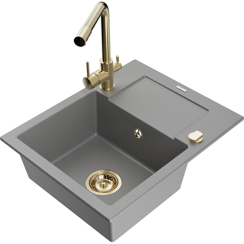 Zlewozmywak granitowy 1-komorowy Mexen Enzo z ociekaczem i baterią kuchenną Duero szary 6506-71-671600-50