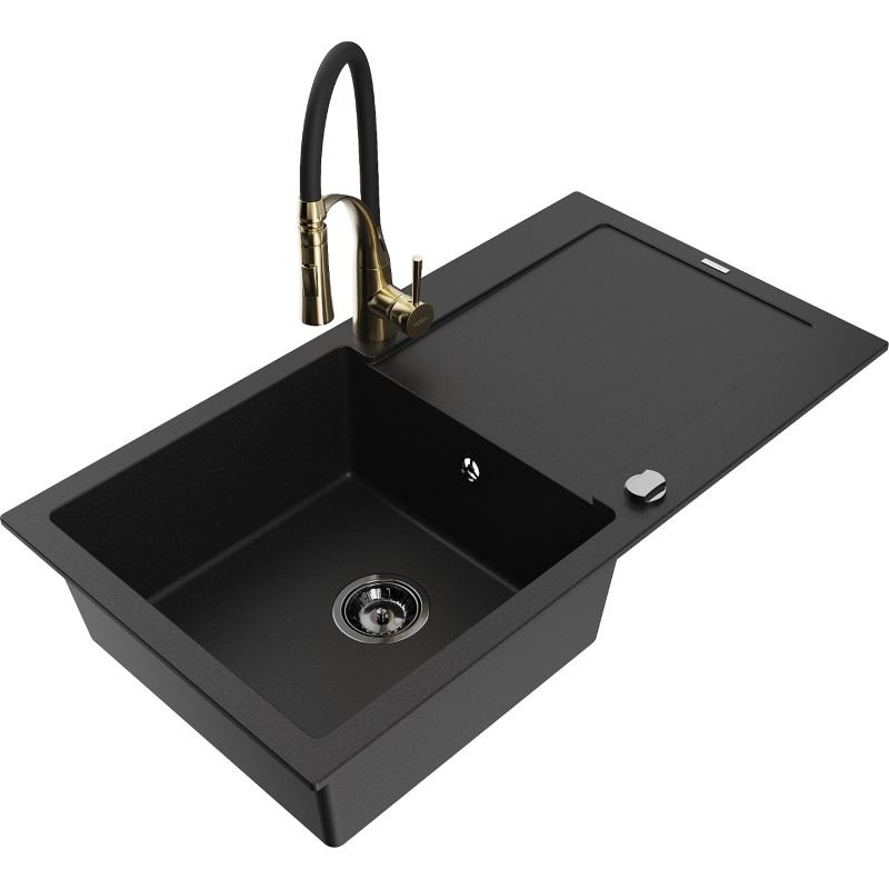 Zlewozmywak granitowy 1-komorowy Mexen Leo z ociekaczem i baterią kuchenną Aster czarny 6501-77-73450-57-B