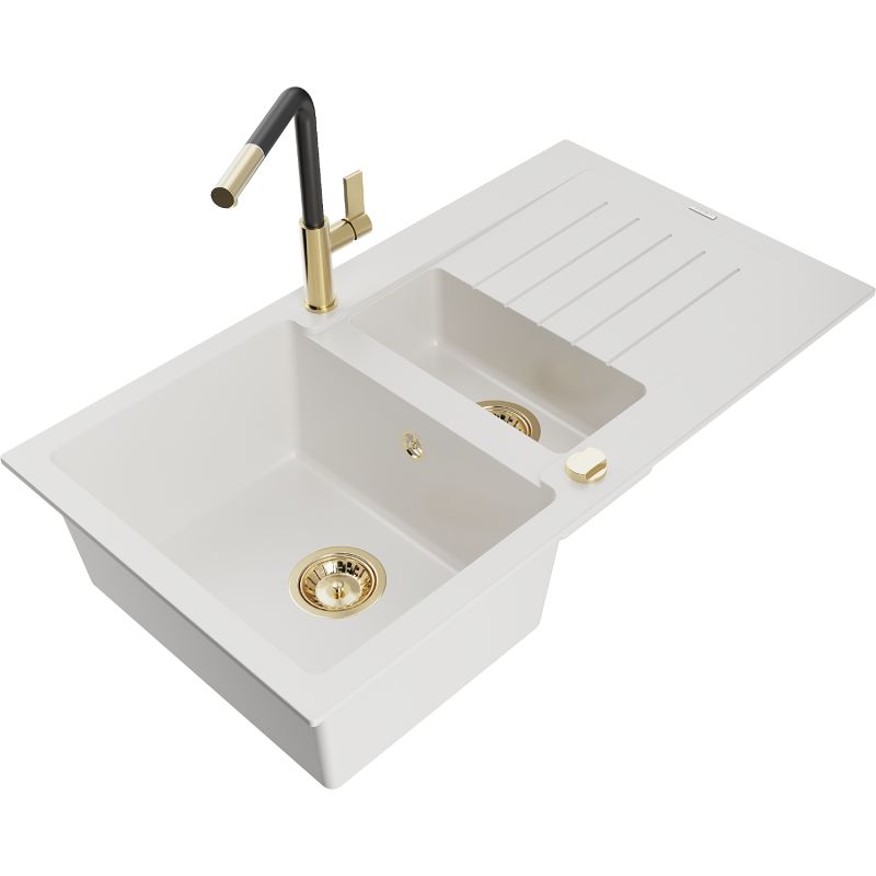 Zlewozmywak granitowy 1.5-komorowy Mexen Matias z ociekaczem i baterią kuchenną Flora biały 6502-20-670401-57-G