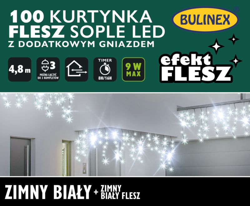 Kurtyna zewnętrzna Bulinex sople 100 LED flesz 4,8 m biała