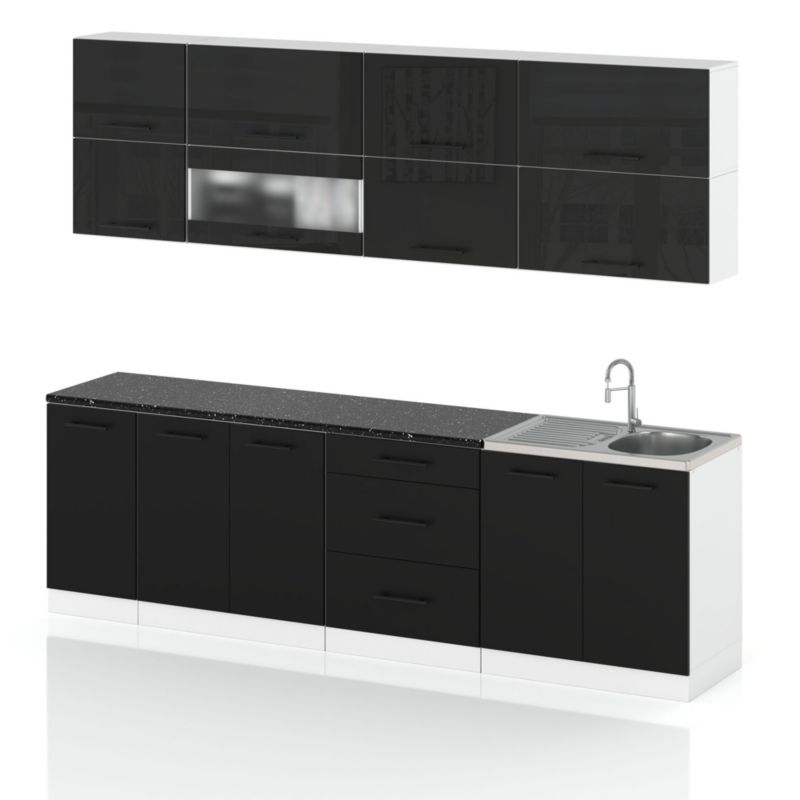 Zestaw Kuchenny Hurtownia-Mebli Z Blatem Kuchnia Robo Lux 260cm Biały Mat Czarny Połysk/Czarny Mat 260x52x157 cm 1szt.