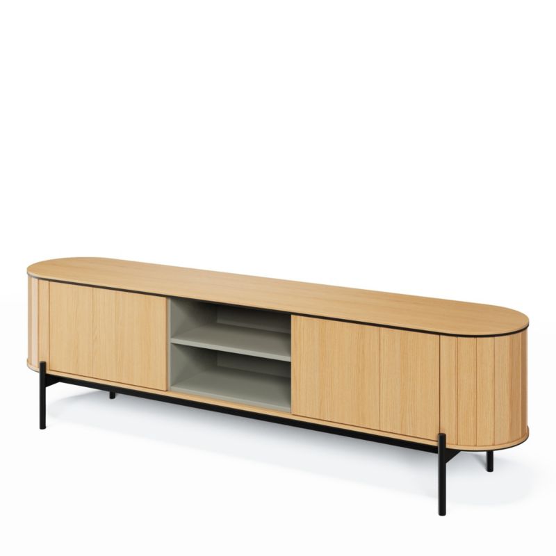 Szeroka szafka RTV dwudrzwiowa ROTTO z zaokrąglonymi bokami na czarnych nóżkach