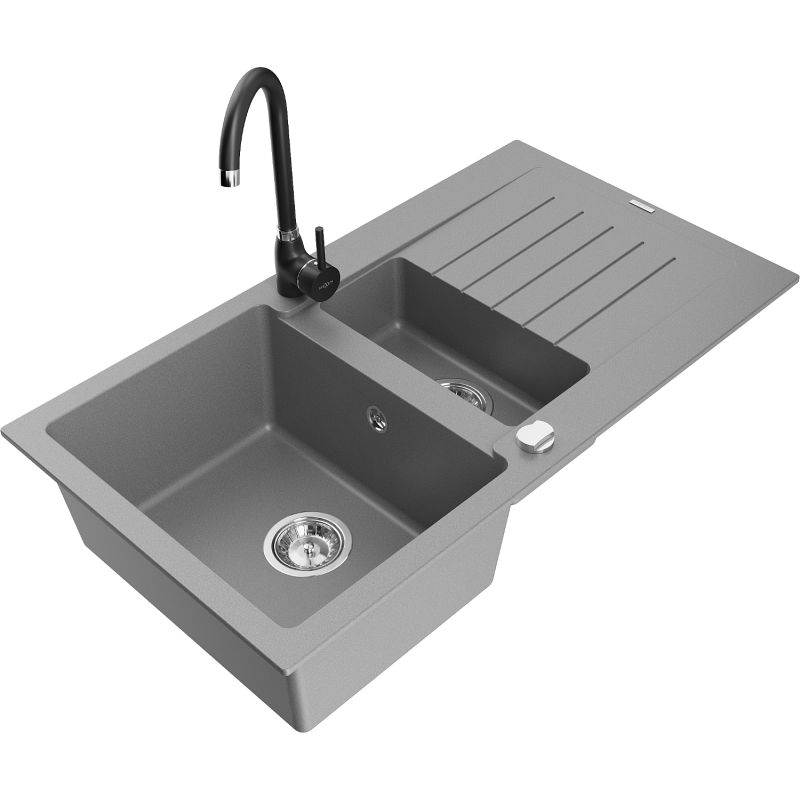 Zlewozmywak granitowy 1.5-komorowy Mexen Matias z ociekaczem i baterią kuchenną Telma szary 6502-71-670200-70