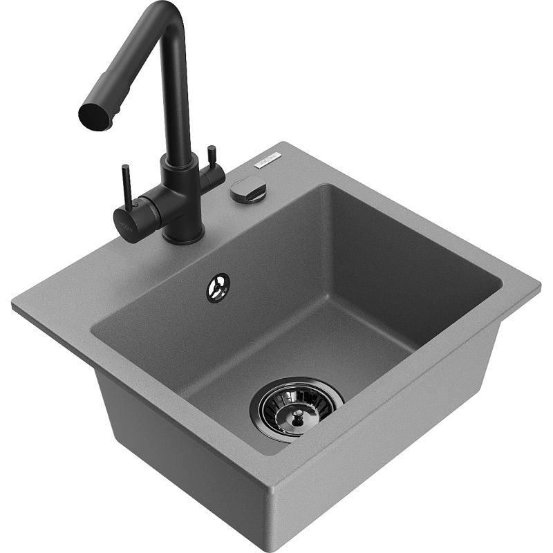 Zlewozmywak granitowy 1-komorowy Mexen Milo z baterią kuchenną Duero szary 6505-71-671600-70-B