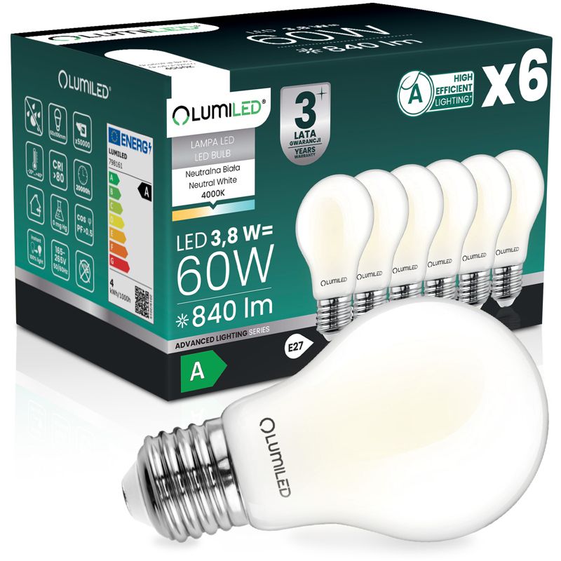 Żarówka LED Lumiled E27 A60 3,8W 840lm 4000K 360st Filament Klasa A 6 szt.