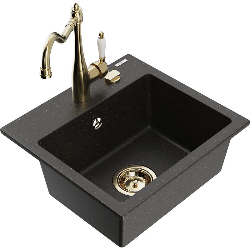 Zlewozmywak granitowy 1-komorowy Mexen Milo z baterią kuchenną Carla czarny/złoty metalik 6505-75-670700-50