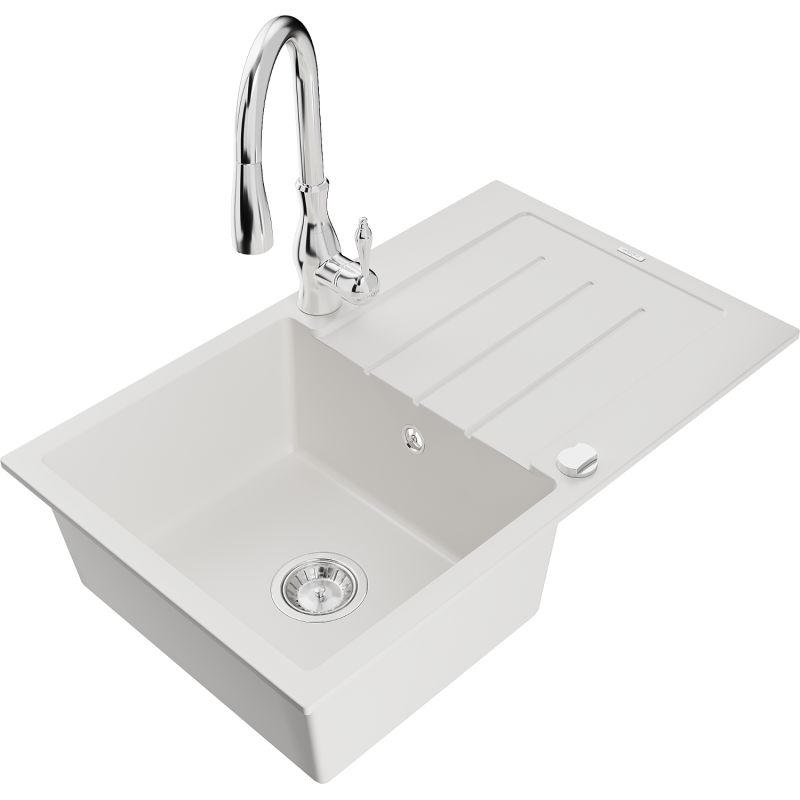 Zlewozmywak granitowy 1-komorowy Mexen Bruno z ociekaczem i baterią kuchenną Savita biały - 6513-20-672601-70 1 szt.