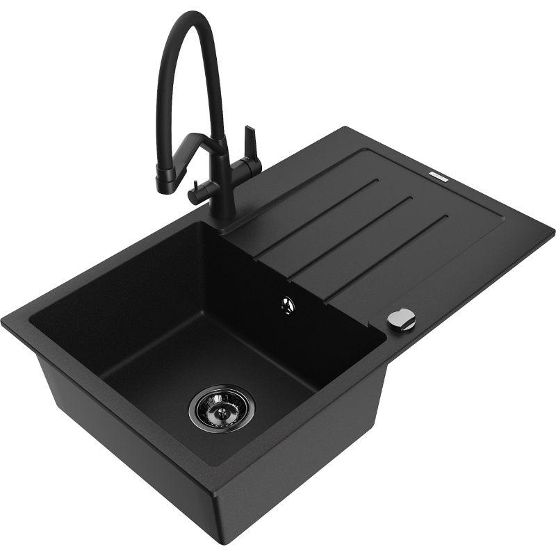 Zlewozmywak granitowy 1-komorowy Mexen Bruno z ociekaczem i baterią kuchenną Duo czarny nakrapiany - 6513-76-671701-70-B 1 szt.