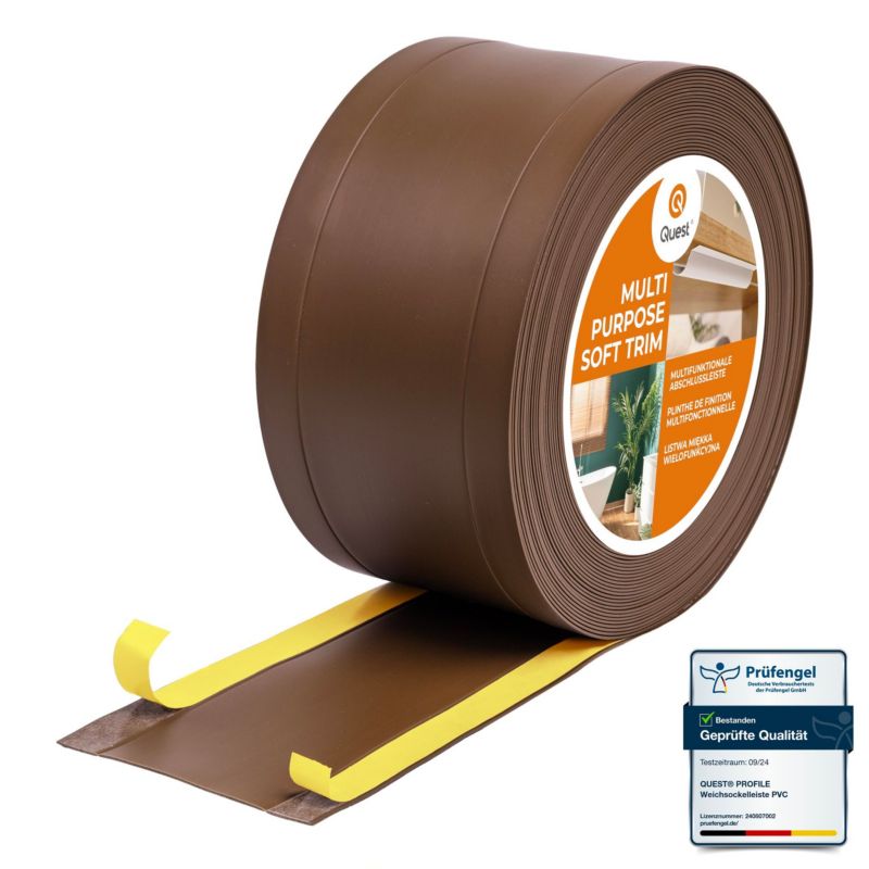 Listwa wykończeniowa W1 z PCV 6w1 75mm, QUEST samoprzylepna, maskująca elastyczna listwa podłogowa, ścienna, brąz, 25m