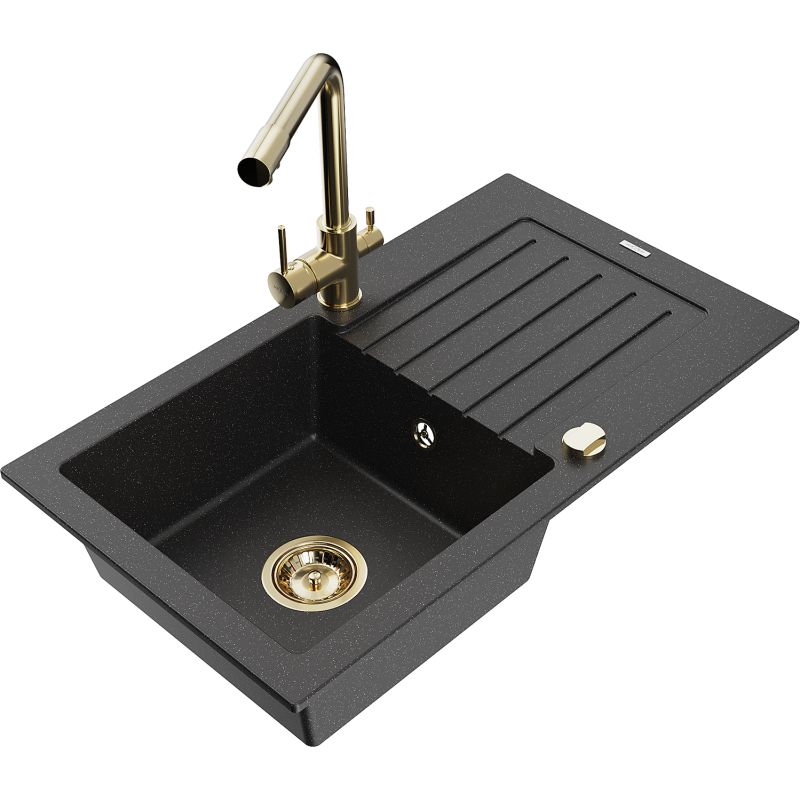 Zlewozmywak granitowy 1-komorowy Mexen Pablo z ociekaczem i baterią kuchenną Duero czarny/srebrny metalik 6510-73-671600-50