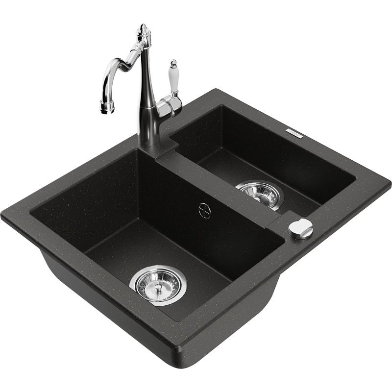 Zlewozmywak granitowy 1.5-komorowy Mexen Carlos z baterią kuchenną Carla czarny/złoty metalik 6518-75-670700-00