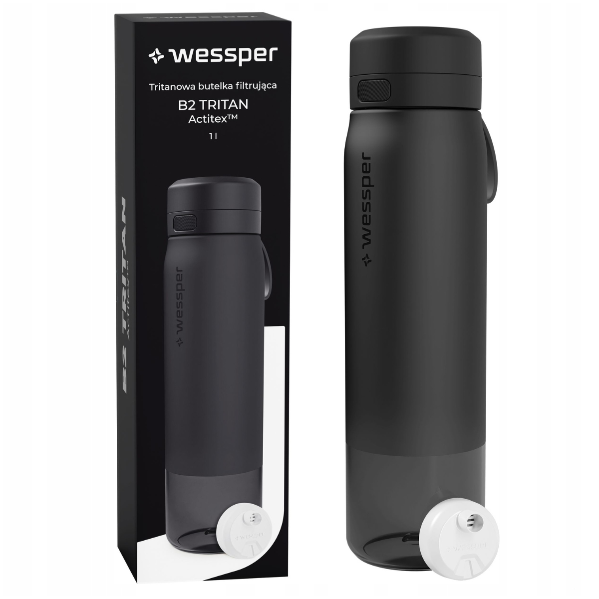 Czarna butelka filtrująca tritanowa Wessper 1000 ml.