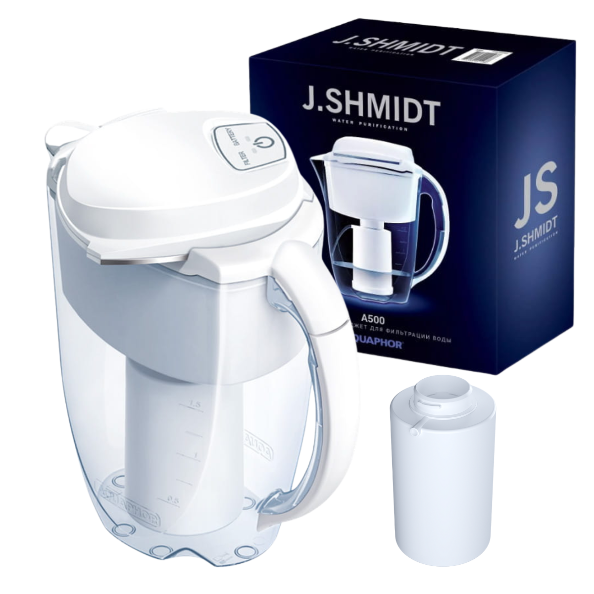 Dzbanek filtrujący wodę Aquaphor J.Shmidt 500 biały z wkładem JS500. Dzbanek z pompką elektryczną.