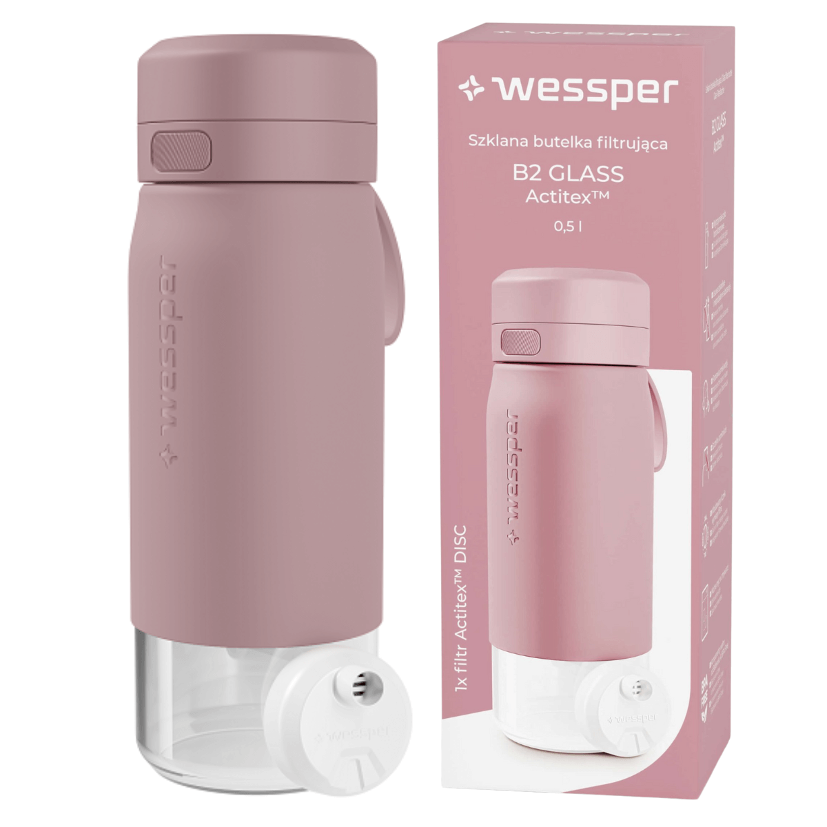 Różowa, szklana butelka filtrująca Wessper 500 ml.