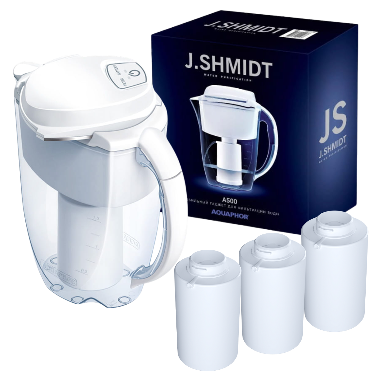 Dzbanek filtrujący wodę Aquaphor J.Shmidt 500, w kolorze białym z 3 wkładami wymiennymi JS-500.