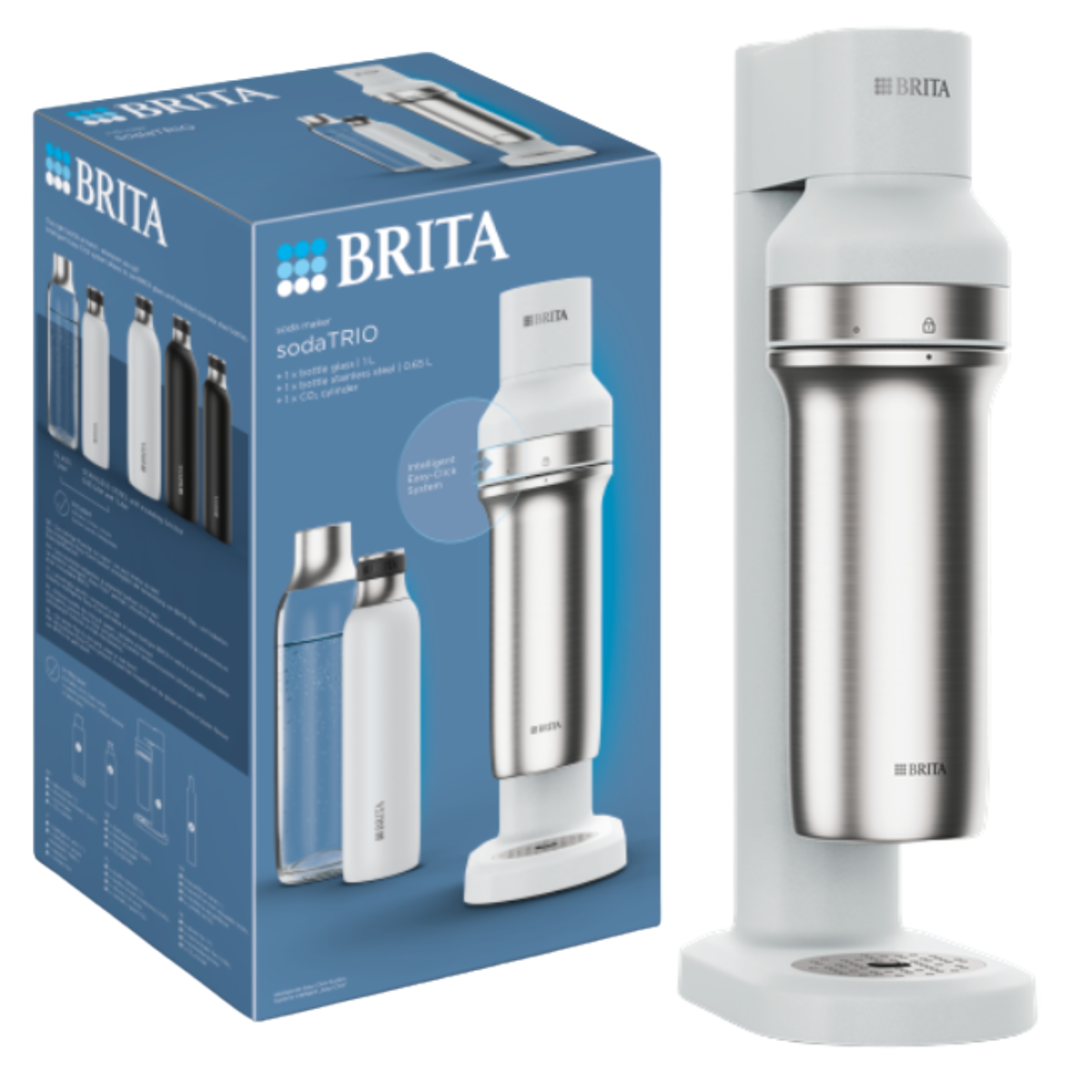 BRITA sodaTRIO saturator do gazowania wody, kolor biały, z dwoma butelkami.