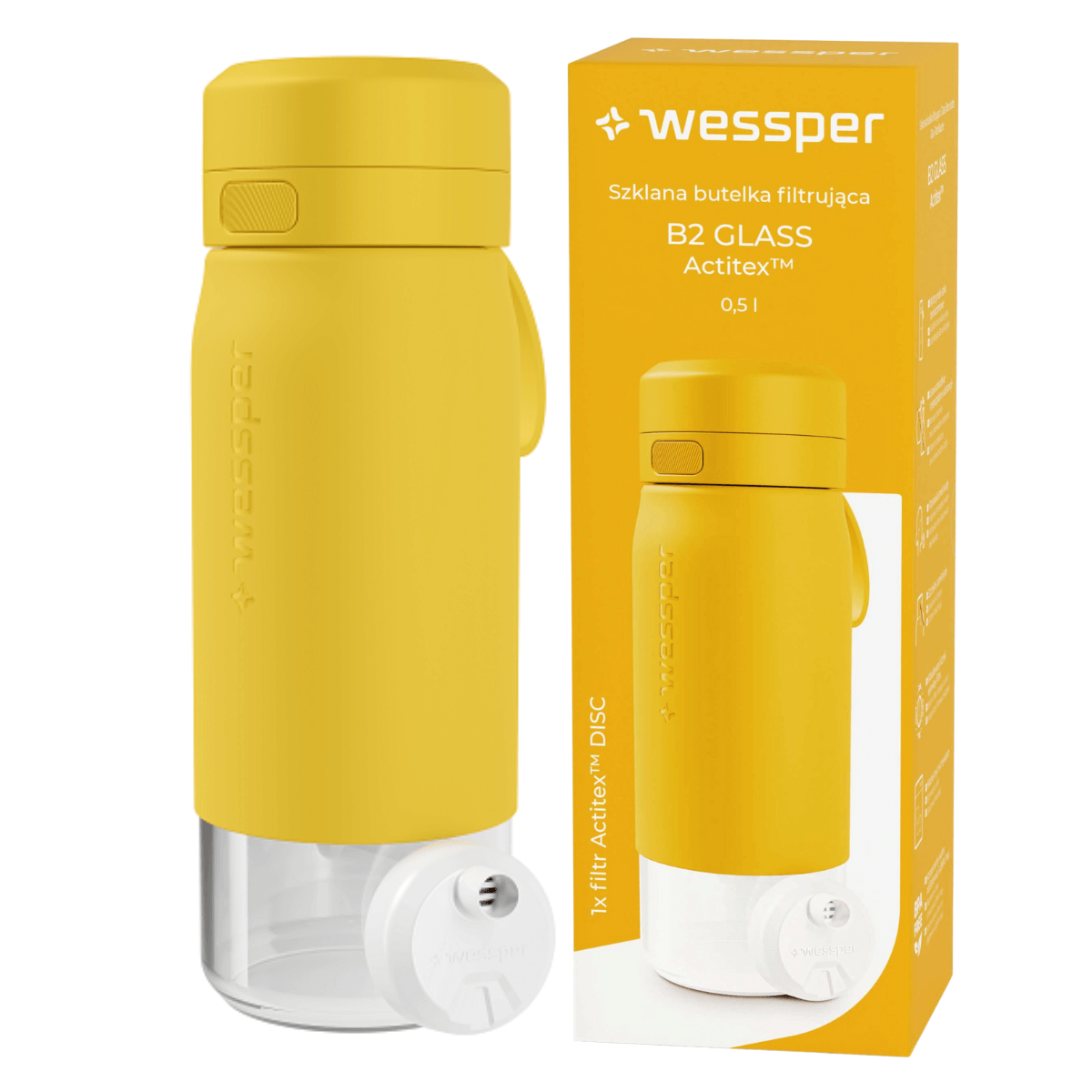 Butelka szklana filtrująca Wessper 500 ml w kolorze żółtym.