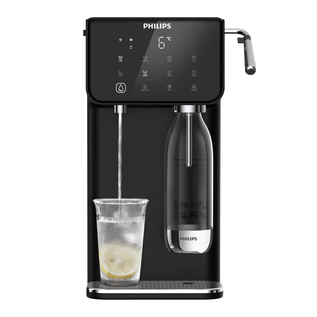 Dystrybutor wody PHILIPS ADD5962BK z wodą gazowaną i gorącą.