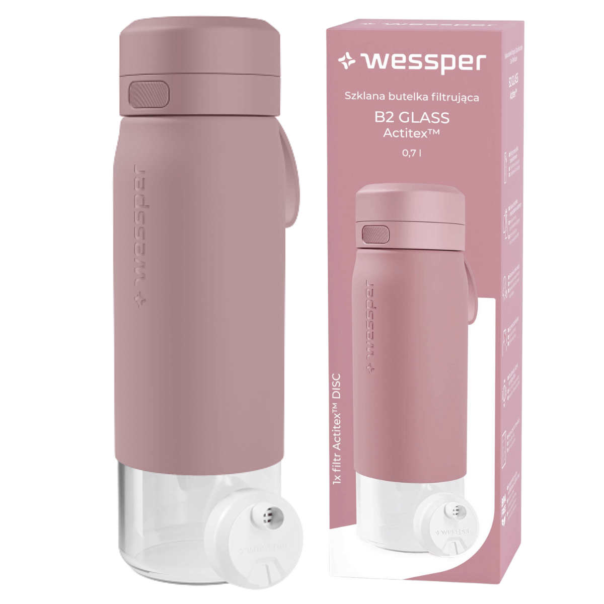 Szklana butelka filtrująca Wessper 700 ml różowa.