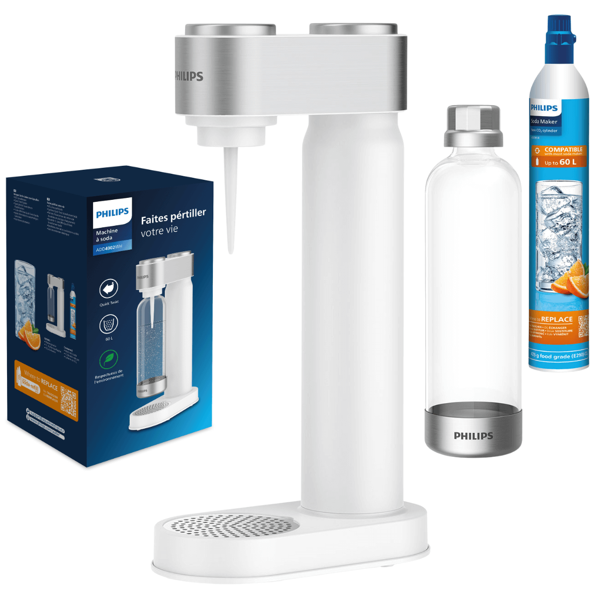 Saturator PHILIPS kolor biały/srebrny. Syfon PHILIPS z butelką do gazowania i cylindrem z gazem CO2. ADD4902WH/10.