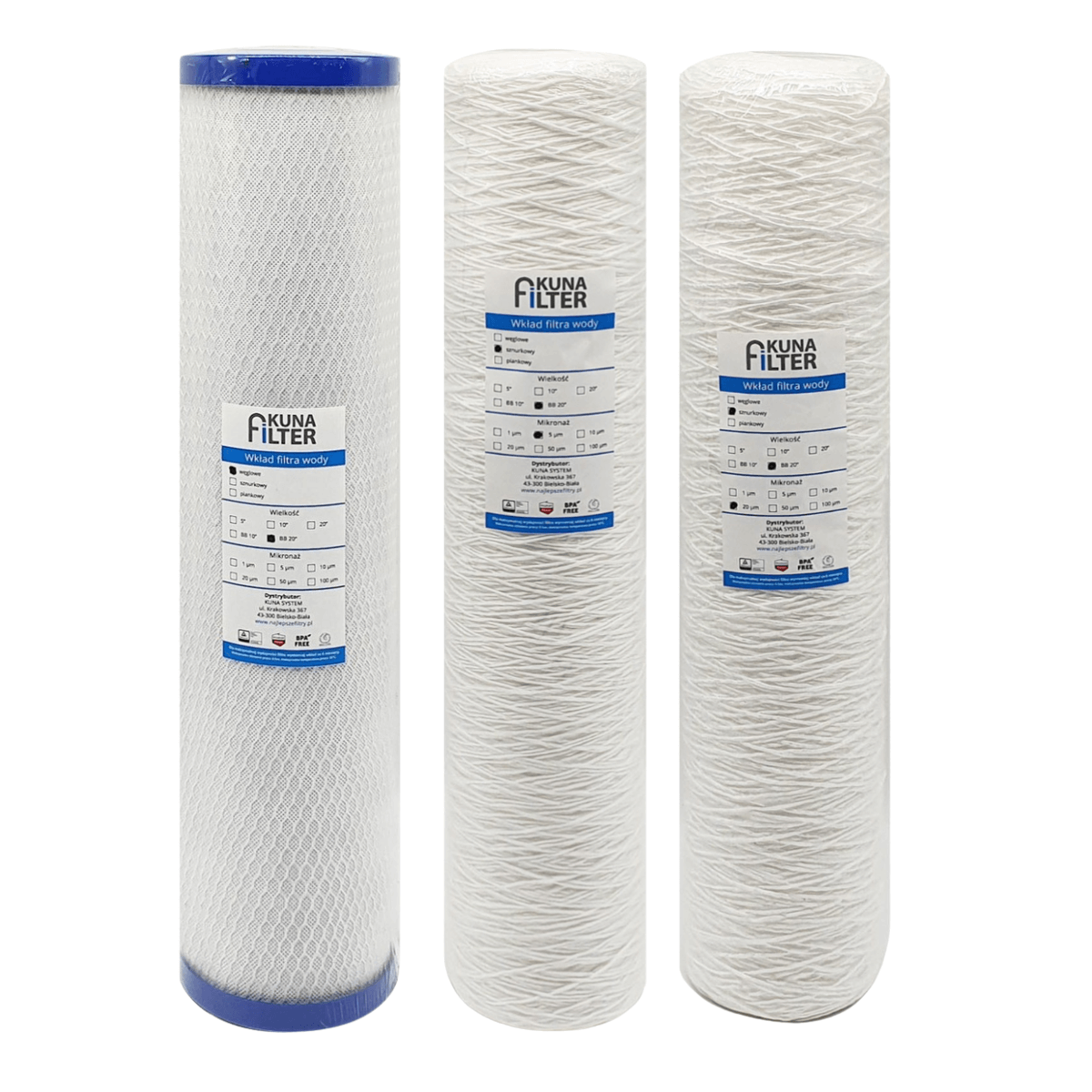 Trzy wkłady do korpusów BB20. Filtr sznurkowy 5, sznurkowy 20, węglowy.