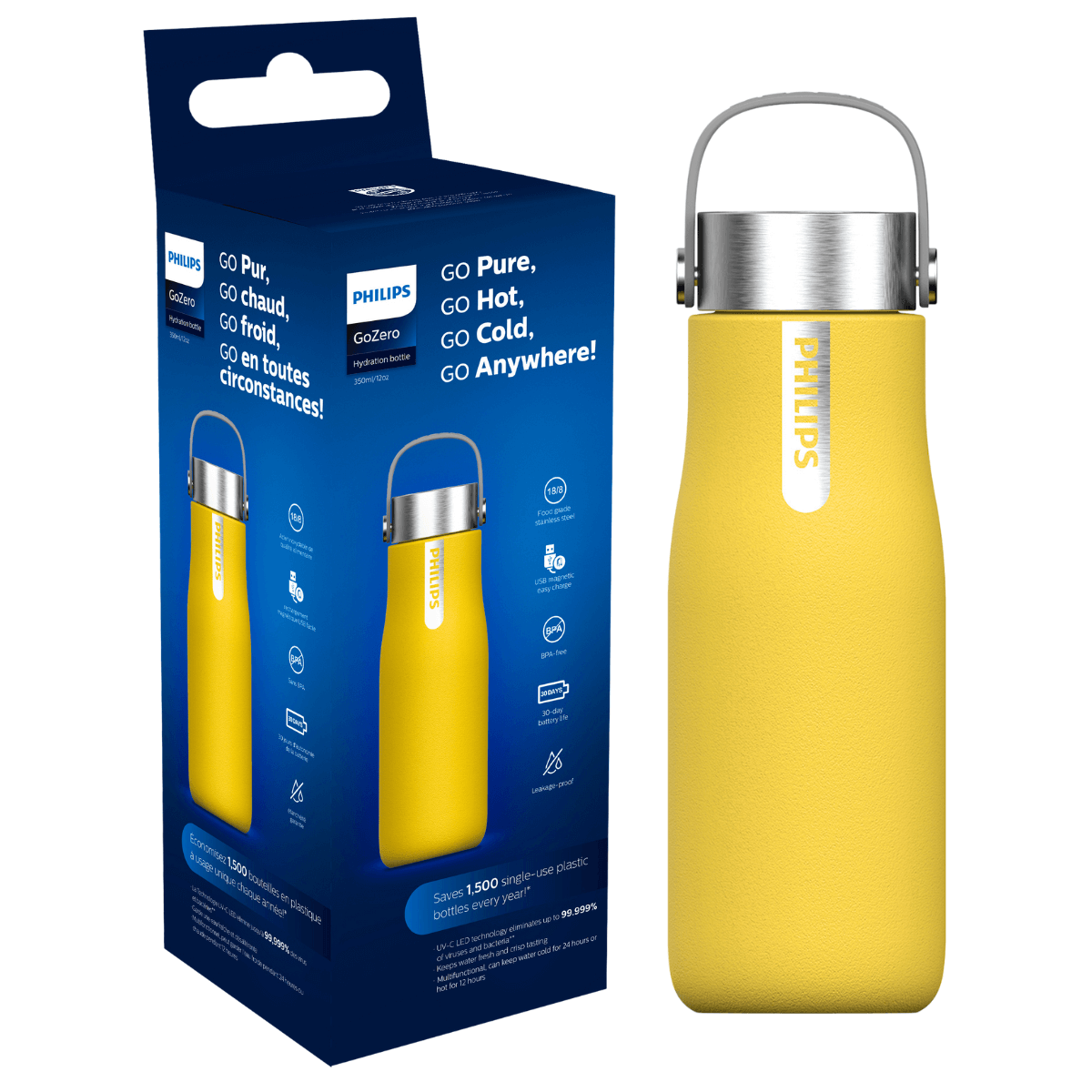 Smart butelka PHILIPS z lampą UV w kolorze żółtym, 350 ml. Utrzymuje temperaturę.