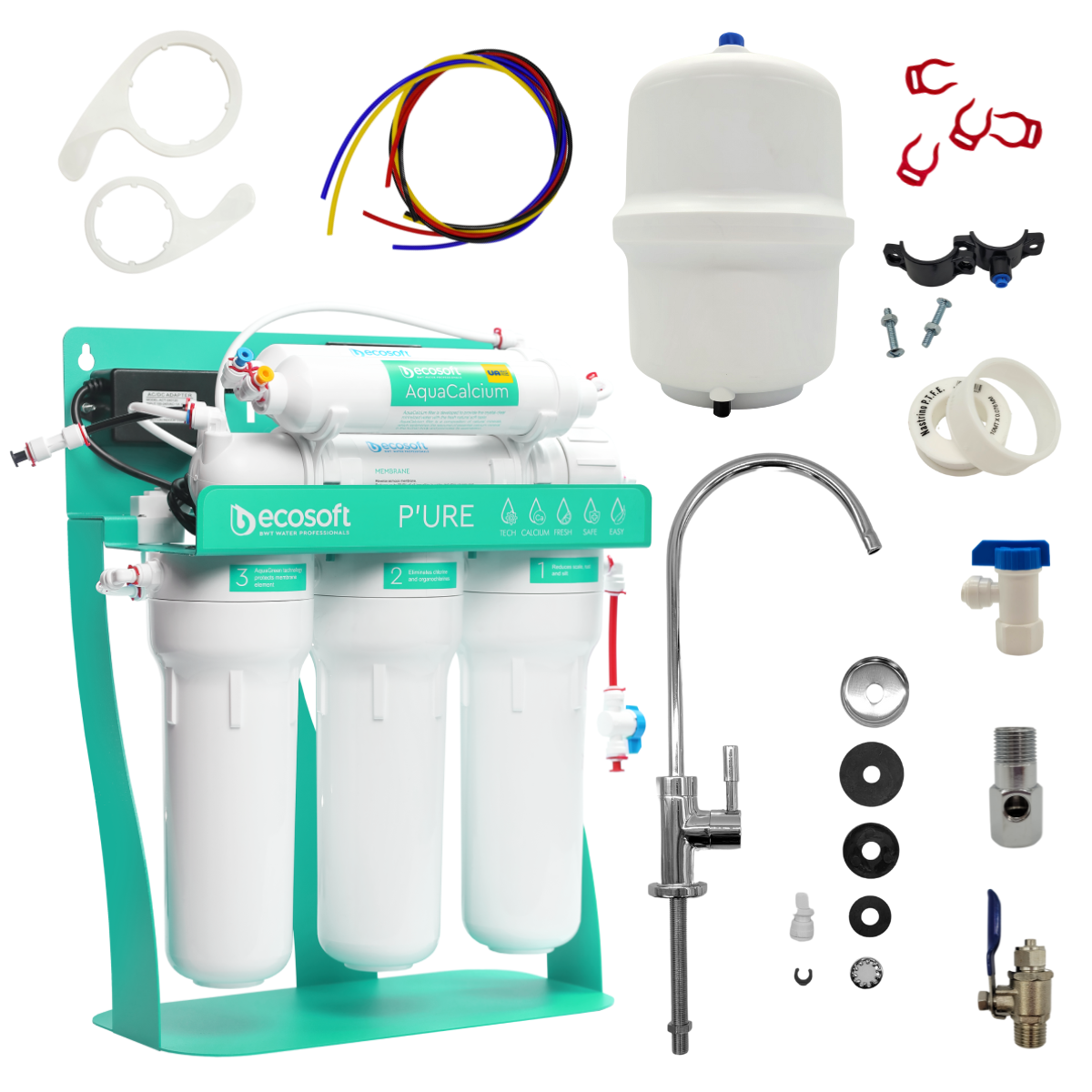 Ecosoft Pure Aquacalcium Mint MO675PSMACECO z pompą na metalowym stojaku. Filtr odwróconej osmozy pod zlew z mineralizacją.