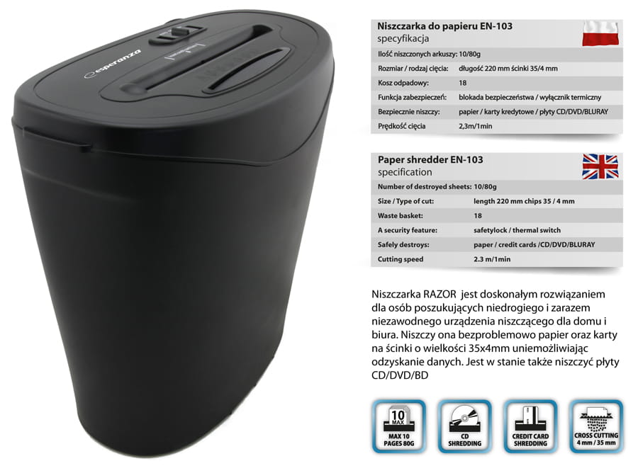 ESPERANZA Niszczarka EN103 RAZOR - Henryx24