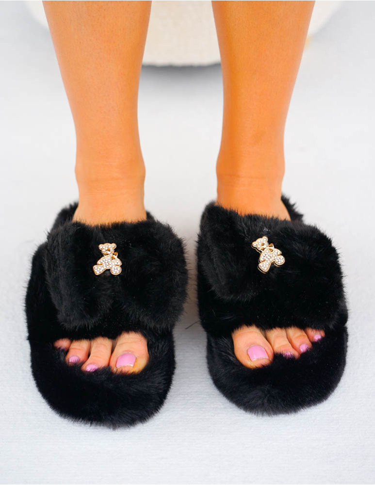 Czarne Klapki Kapcie Po Domu z Futerkiem Gold Bear