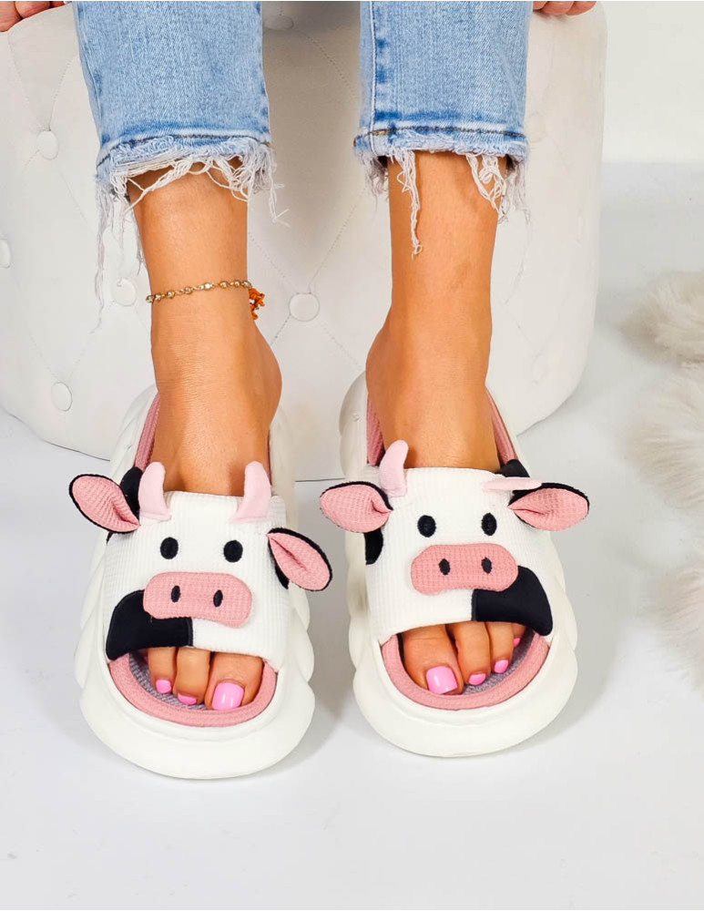 Klapki Kapcie Po Domu Krowy Biało-Różowe