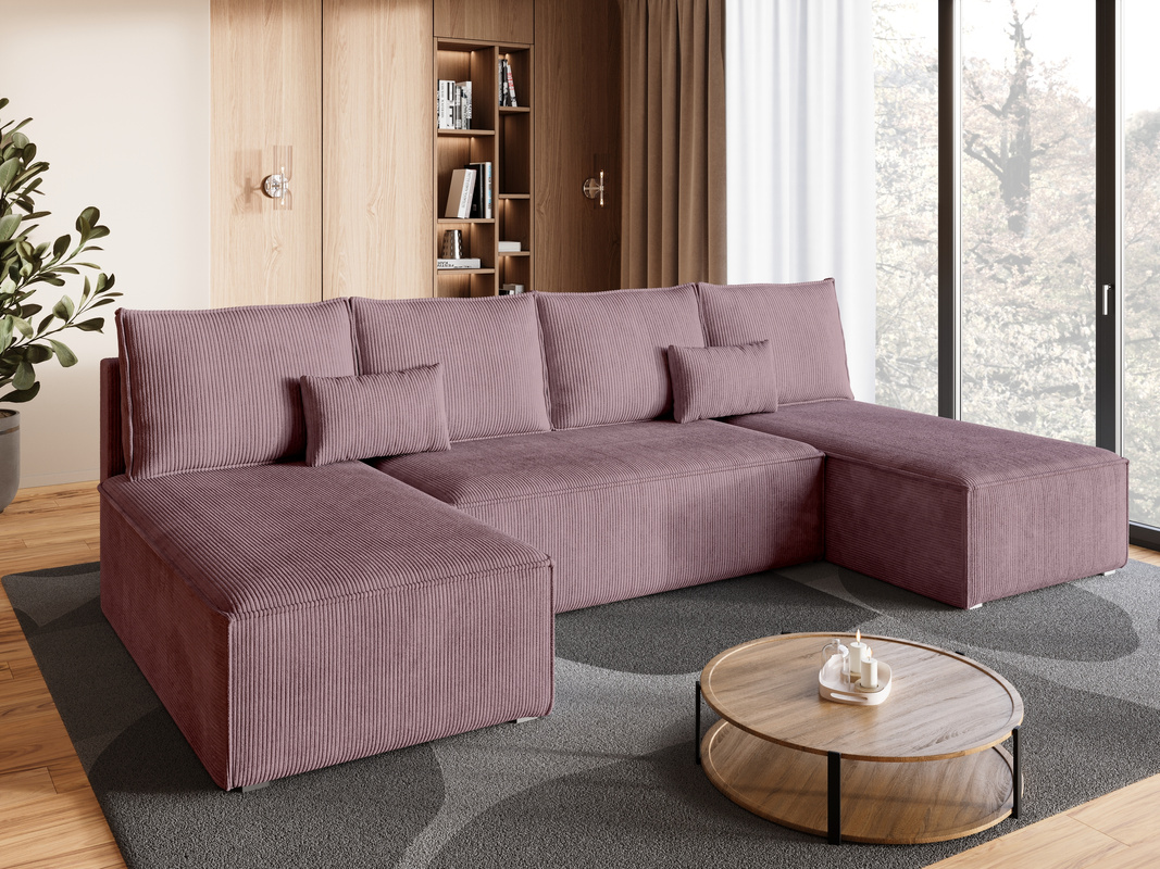 Różowy narożnik sztruksowy z funkcją spania do salonu TOP U SLIM