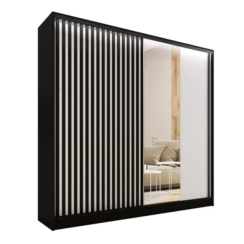 Szafa z czarnymi lamelami na drzwiach i lustrem 200 cm LAMEL 3D