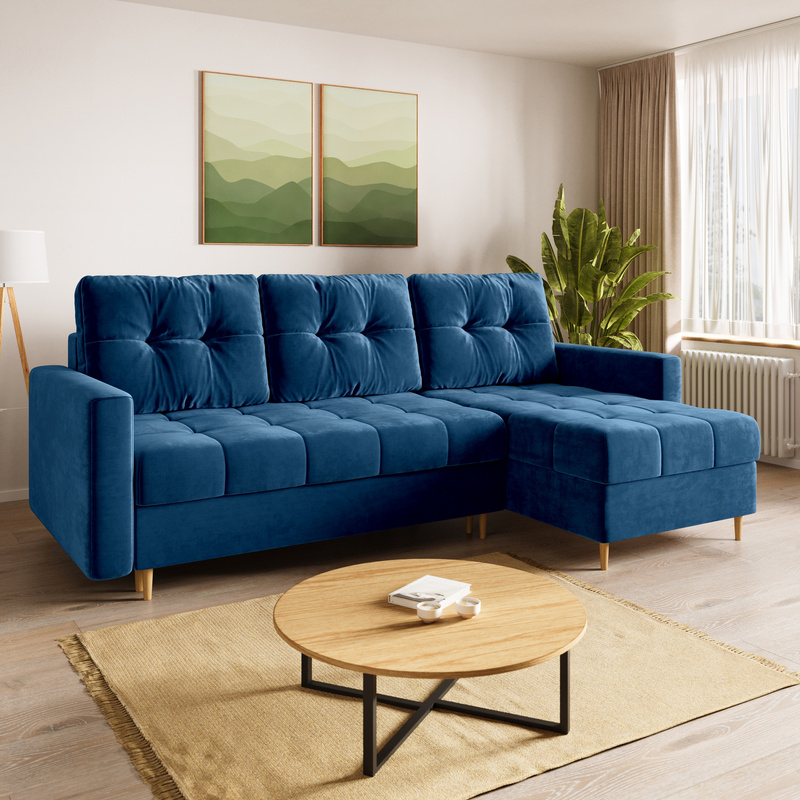 Welurowy granatowy narożnik z funkcją spania LIZBONA