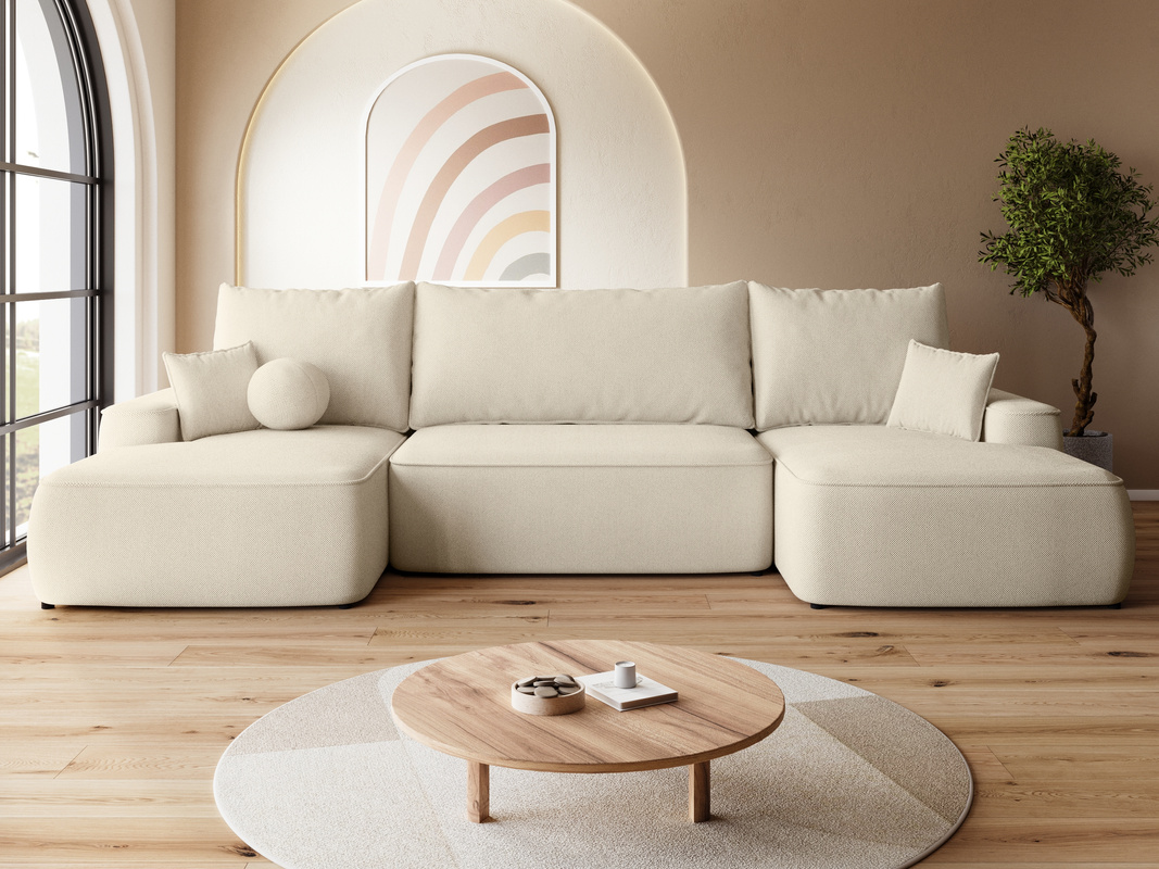 Beżowy narożnik do salonu z funkcją spania i pojemnikiem CARMELLO U