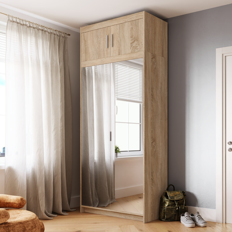 Szafa 90 cm z lustrem i nadstawką do sypialni dąb sonoma KUBA