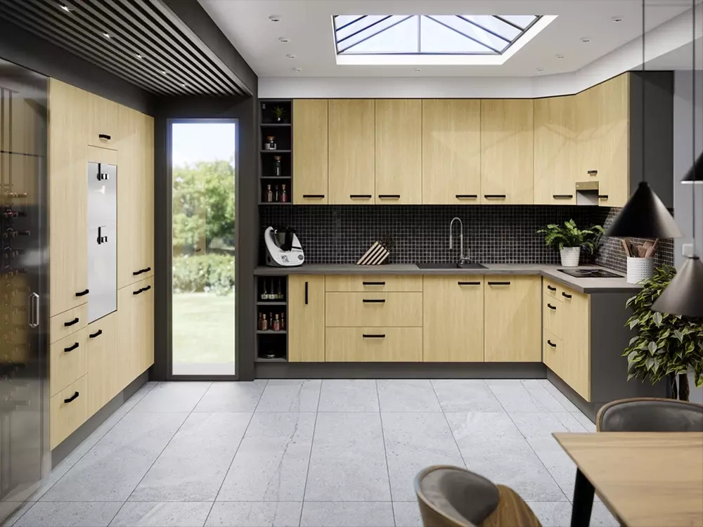 Duży zestaw mebli kuchennych w stylu nowoczesnym wzór jodełki szuflada CARGO SUNSHINE