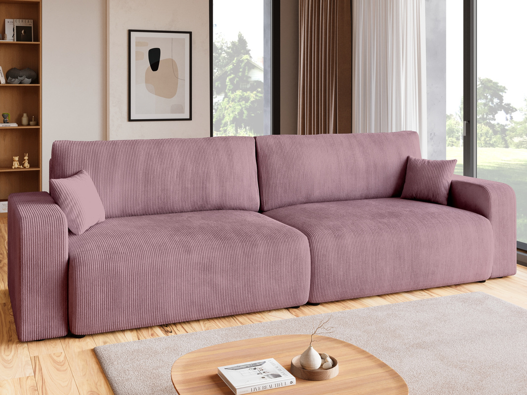 Różowa rozkładana sofa z funkcją spania do salonu PUMI