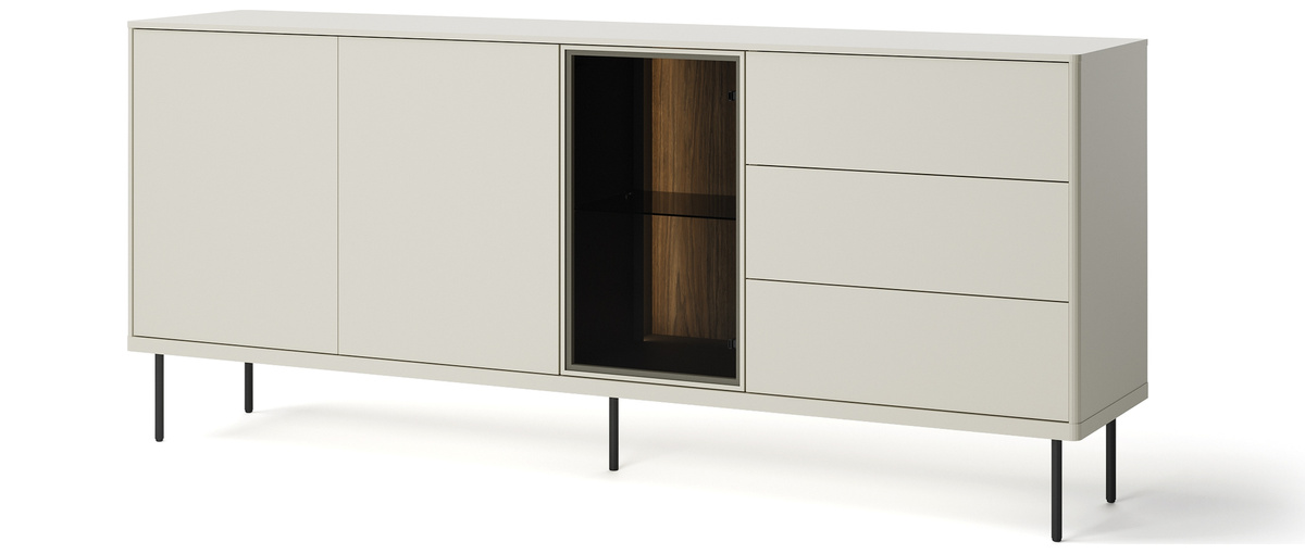 Duża komoda na nóżkach z witryną do salonu 194 cm EPIRO z oświetleniem kaszmir